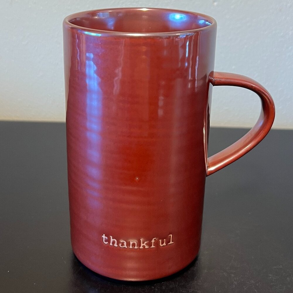 Tag THANKFUL Mahogany Red Luster Glazed Tall Ceramic Mug Cup ~ Thanksgiving